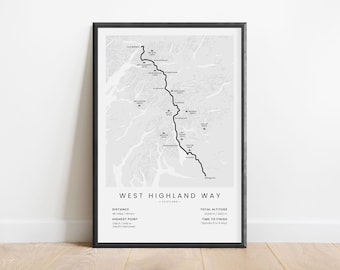 Impresión del mapa de West Highland Way / Póster de la ruta de senderismo de larga distancia de Escocia / Mapa de senderismo de Fort William / Arte mural del Reino Unido / Decoración para caminatas