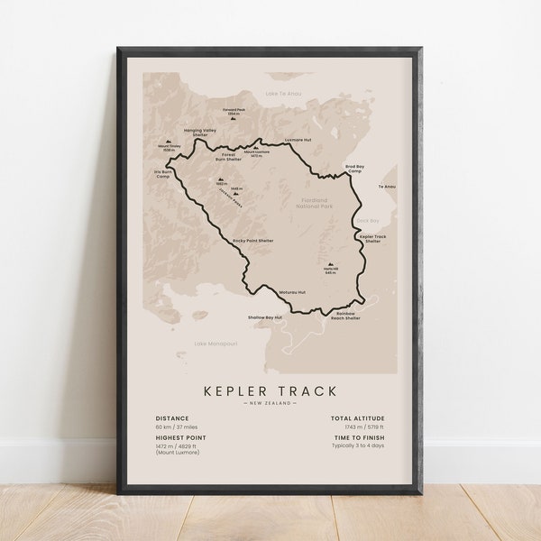 Kepler Track Print | Fiordland National Park Hiking Trail Map | New Zealand South Island Trekking Path Poster | Lake Te Anau Hike Wall Art