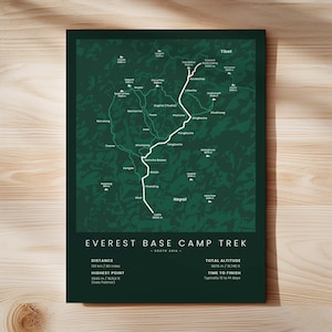 Stampa trekking al campo base dell'Everest / Arte murale per escursioni sul Monte Everest / Mappa del percorso EBC / Decorazione trekking in Nepal / Poster trekking sull'Himalaya / Regalo per escursioni Green - Standard