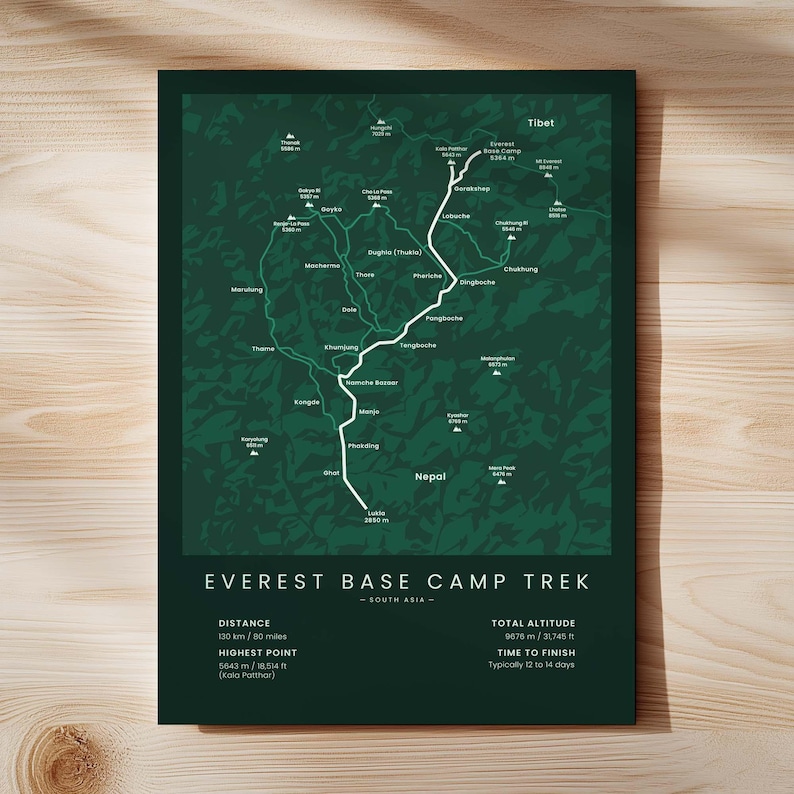 Stampa trekking al campo base dell'Everest / Arte murale per escursioni sul Monte Everest / Mappa del percorso EBC / Decorazione trekking in Nepal / Poster trekking sull'Himalaya / Regalo per escursioni Green - Standard