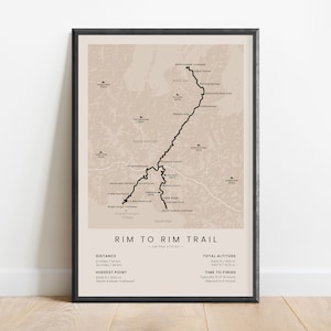 Sentier de jante à jante Impression | Carte de randonnée du Grand Canyon | Art mural rive sud | Décoration de la bordure nord | Randonnée emblématique des États-Unis en Arizona | Cadeau plein air