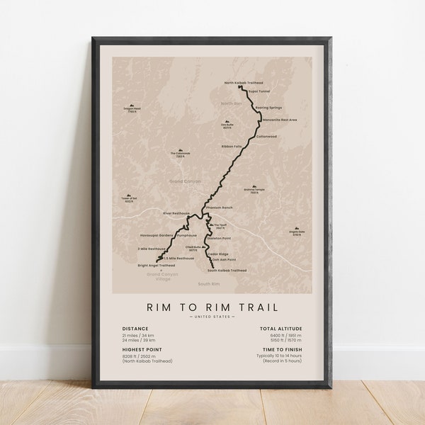 Rim to Rim Trail Print | Grand Canyon Hiking Map | South Rim Wall Art | North Rim Decoration | Iconic USA Arizona Hike | Outdoors Gift