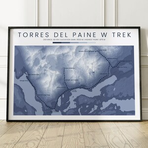 Topographische Karte Torres Del Painte W Trek Poster | Patagonien W Trek Höhenlinienkarte | W Rundweg Wandern Weg Print | Chile Wandergeschenk