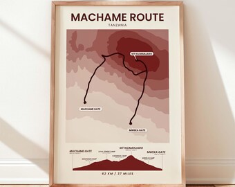 Machame Route Map | Whiskey Route Map | Kilimanjaro Poster | Tanzania Hiking Trail | Mount Kilimanjaro Wall Art | Modern Elevation Map Art