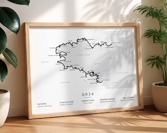 GR34 Trail Print | Sentier des Douaniers Poster | Customs Officers' Path Map | Brittany Coast Path Wall Art | French Hiking Trail Gift