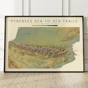 GR11 - HRP - GR10 Poster de carte topographique | Carte des courbes de niveau d'altitude des sentiers de longue distance des Pyrénées | Sentiers d'un océan à l'autre Imprimer | Cadeau sentier de randonnée