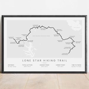 Póster del mapa de la ruta de senderismo Lone Star / Impresión de la ruta de senderismo LSHT / Póster de trekking en Texas / Decoración de pared para mochileros / Regalo para amantes de las actividades al aire libre