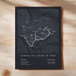 Impresión de la ruta W de Torres del Paine / Mapa de la ruta W de Patagonia / Póster de senderismo en Chile / Arte mural de trekking en la Patagonia / Decoración de pared de senderismo en Sudamérica Black - Standard