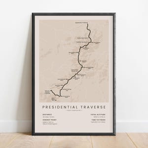 Carte présidentielle de la traversée | Carte de la randonnée au sommet du mont Washington | affiche de sentier de randonnée du New Hampshire | Art déco murale Montagnes Blanches Trek