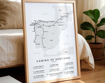 Camino de Santiago Print (All Routes) | Way of Saint James Hiking Trail Map | Europe Pilgrimage Walking Path Poster | Hiking Gift