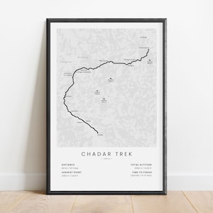 Impression du trek du Chadar | Carte de la randonnée sur la rivière gelée du Zanskar | Affiche de chemin de randonnée du Ladakh Inde | Art mural sentier de randonnée de l'Himalaya | Cadeau randonnée