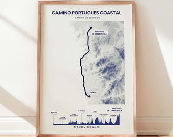 Camino Portugues Coastal Map | The Coastal Way Print | The Portuguese Way Poster | Camino de Santiago Wall Art | Pilgrimage | Couple Hiking