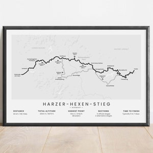 Harzer-Hexen-Stieg : carte | Impression du sentier des sorcières du Harz | affiche de sentier de randonnée des montagnes du Harz | Allemagne à travers le sentier de randonnée d'art mural | Cadeau plein air