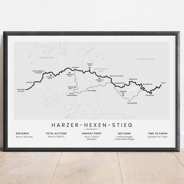 Harzer-Hexen-Stieg Map | Harz Witches Trail Print | Harz Mountains Hiking Trail Poster | Germany Thru Hike Path Wall Art | Outdoors Gift