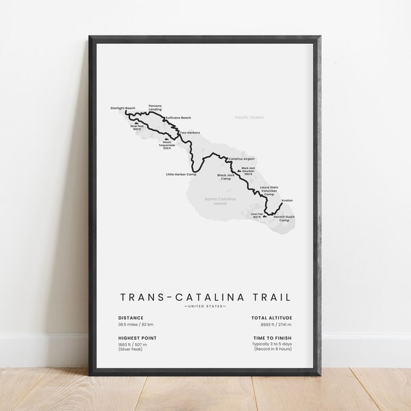 Cartel del mapa del sendero Trans-Catalina / TCT Thru Hike Print / Mapa de senderismo de la isla Santa Catalina / Arte de la pared de senderismo de los Estados Unidos / Regalo de senderismo