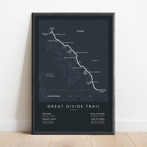 Affiche de carte du sentier Great Divide | Impression GDT Thru Hike | Rocheuses canadiennes | Décoration murale Alberta Hike | Poster Walking Canada BC | Cadeau pour les randonneurs