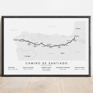 Sentier Camino Frances Impression | Chemin de Saint-Jacques-de-Compostelle : carte | Art mural Chemin de Saint-Jacques-de-Compostelle | Espagne Pyrénées Europe affiche de sentier de randonnée | Cadeau randonneur