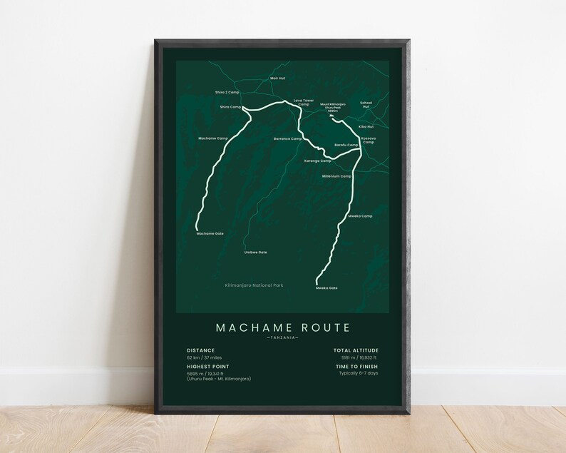 Machame Route Map Print Mount Kilimanjaro Trekking Poster Whiskey Route Mt Kilimanjaro Hiking Wall Art Africa Trekking Map Poster Green