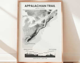 Appalachian Trail Map | Appalachian Hike | AT Thru Hiker | 4000 Footers Gift | National Scenic Trail Elevation Map | National Park Poster
