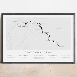 C&O Canal Trail Impression | Carte des sentiers du canal de Chesapeake et de l'Ohio | Affiche de chemin de halage du canal C et O | Sentier de randonnée de la rivière Potomac | Cadeau d'emballage de vélo