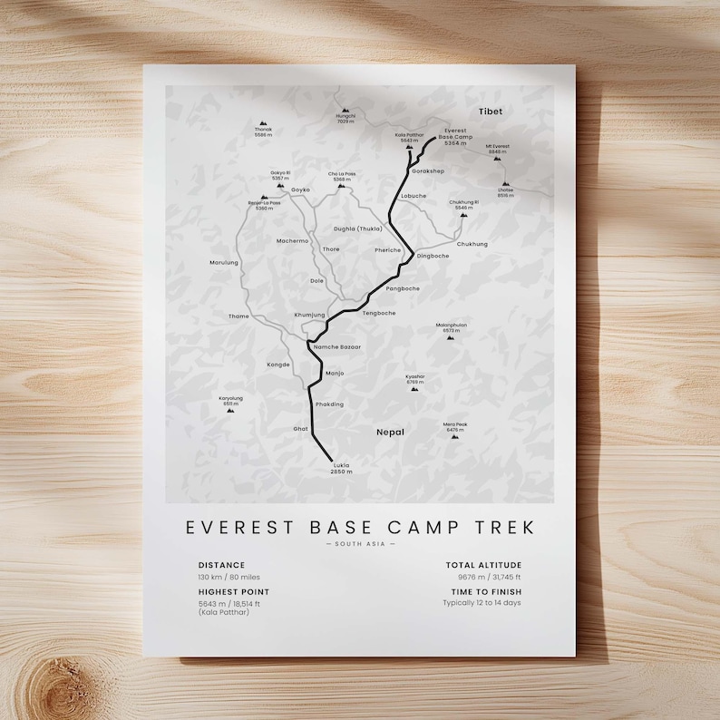Stampa trekking al campo base dell'Everest / Arte murale per escursioni sul Monte Everest / Mappa del percorso EBC / Decorazione trekking in Nepal / Poster trekking sull'Himalaya / Regalo per escursioni White - Standard