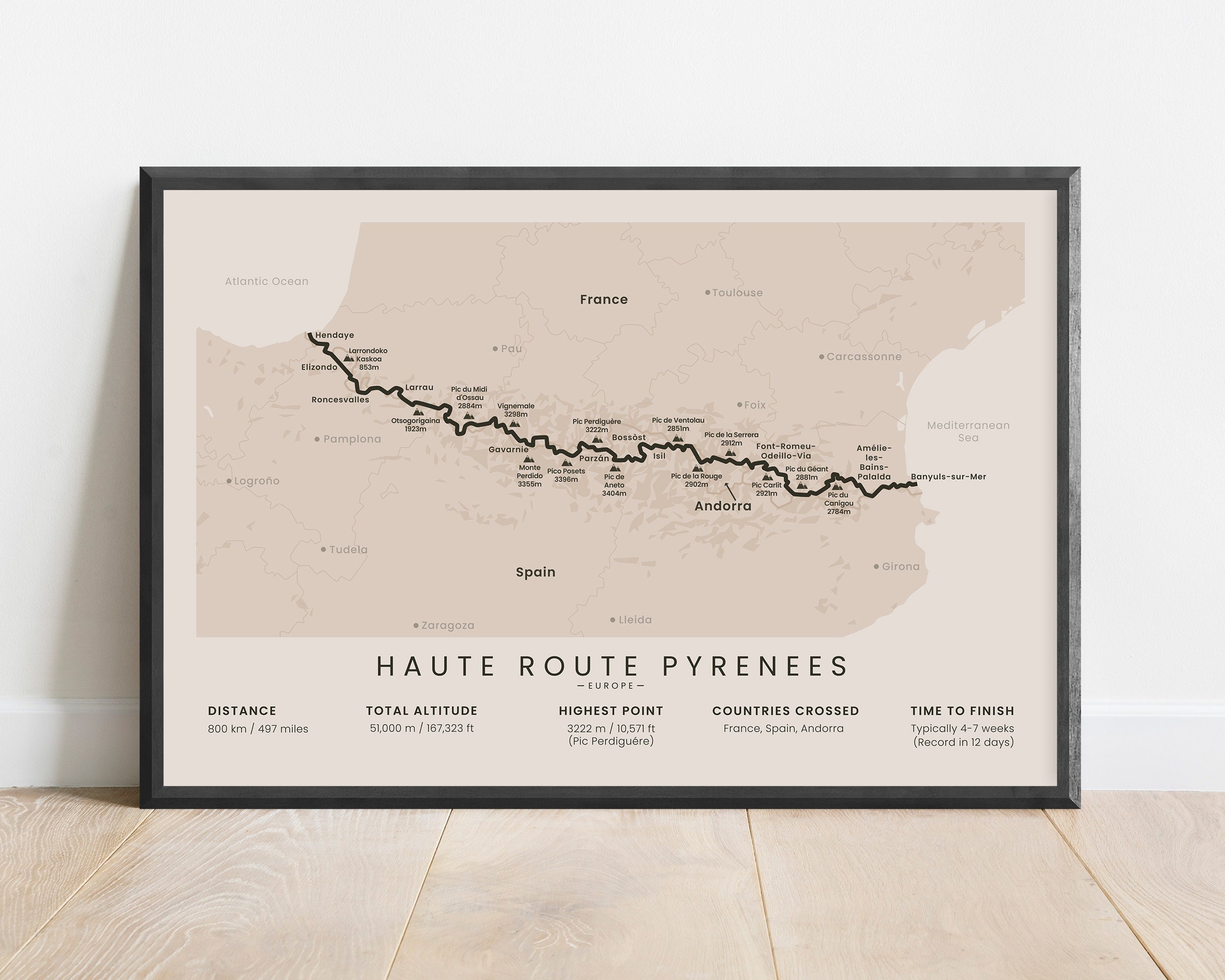 Impresión de la ruta de Alta Ruta de los Pirineos / Mapa de Senderos de Gran Recorrido HRP / Póster de Senderismo en los Pirineos / Arte mural de senderismo por España y Francia / Amantes del trekking