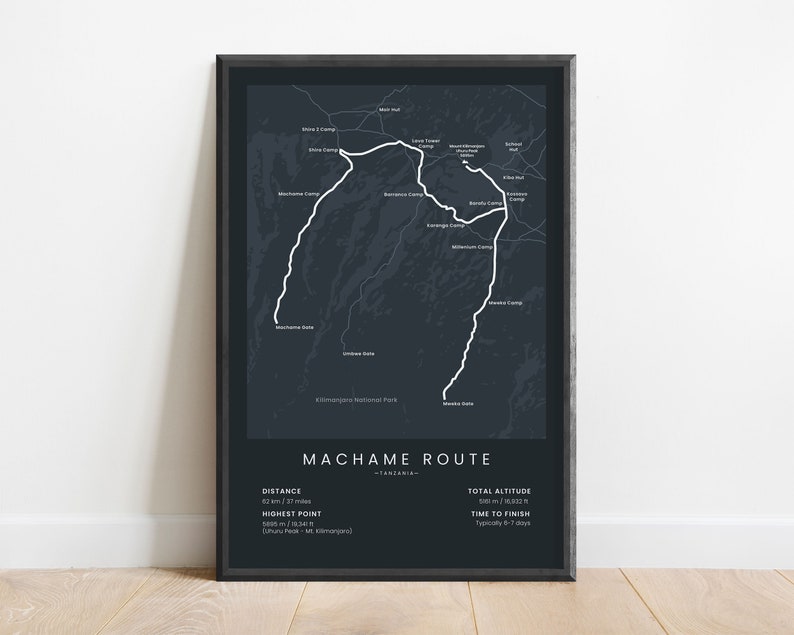 Machame Route Map Print Mount Kilimanjaro Trekking Poster Whiskey Route Mt Kilimanjaro Hiking Wall Art Africa Trekking Map Poster Black