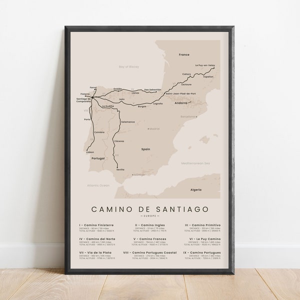 Camino de Santiago Impression (Tous les itinéraires) | Chemin de Saint-Jacques-de-Compostelle, carte | affiche de chemin de marche de pèlerinage de l'Europe | Cadeau randonnée