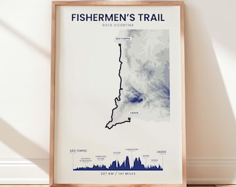 Fishermen's Trail Print | Rota Vicentina Map | Portugal Hiking Trail | Atlantic Ocean Wall Art | Coastal Landscape Map | Walking Poster Gift