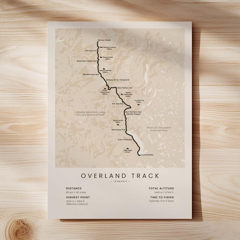 Overland Track Map Print | Tasmania Hiking Trail Map | Cradle Mountain ...