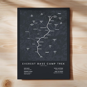 Stampa trekking al campo base dell'Everest / Arte murale per escursioni sul Monte Everest / Mappa del percorso EBC / Decorazione trekking in Nepal / Poster trekking sull'Himalaya / Regalo per escursioni Black - Standard