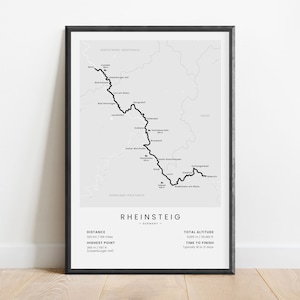 Stampa del sentiero Rheinsteig / Mappa del percorso Rheinsteig / Poster dell'escursione in Germania / Parete artistica del sentiero escursionistico del fiume Reno / Opera d'arte dell'escursione da Bonn a Wiesbaden
