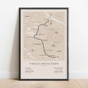 Padjelantaleden-pad afdrukken | Padjelanta-routekaart | Änonjalme naar Kvikkjokk wandelpad poster cadeau | Wandkunst backpacken in Zweeds Lapland