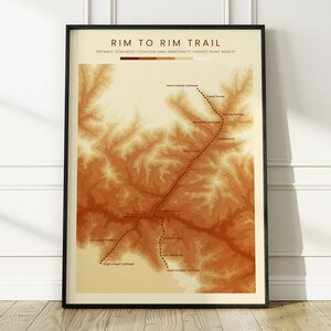 Carte topographique de sentier bord à bord | Carte des courbes de niveau d'altitude de la randonnée du Grand Canyon | Sentier de randonnée R2R Impression | Cadeau South Rim et North Rim