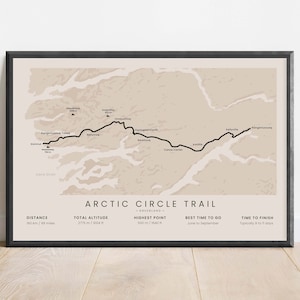 Kaart met wandelroutes poolcirkel | ACT-wandelpad afdrukken | Wandelposter Groenland | Muurkunst wandeling Kangerlussuaq naar Sisimiut | Cadeau voor wandelaars