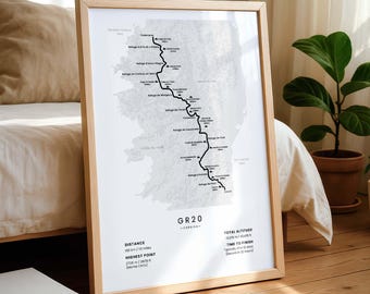 Impresión de trekking GR20 / Arte mural de la ruta de senderismo GR20 de Córcega / Mapa de senderismo de Monte Cinto / Póster de trekking de larga distancia en Europa / Regalo para actividades al aire libre
