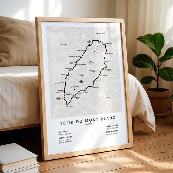 Tour Du Mont Blanc Print | TMB Hiking Map | Mount Blanc Loop Wall Art | French Alps Ultra TMB | European Hiking Trail Poster | Hiking Gift