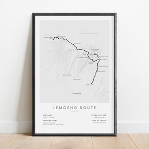 Lemosho Route Print | Mount Kilimanjaro Poster | Mt Kilimanjaro Hiking Trail Map | Tanzania Trekking Alpinism Wall Art | Gift for Hikers