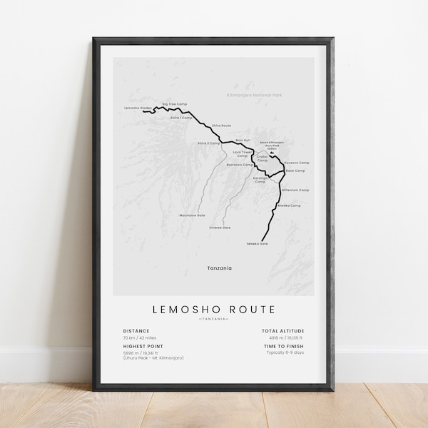 Lemosho Route Print | Mount Kilimanjaro Poster | Mt Kilimanjaro Hiking Trail Map | Tanzania Trekking Alpinism Wall Art | Gift for Hikers