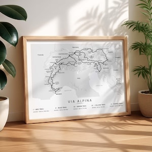 Via Alpina (alle kleuren)-print | Rood, blauw, groen, geel, paars Via Alpina-wandelpadenkaart | Langeafstandsroute Alpen | Dolomitipad