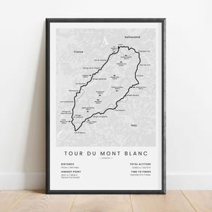 Tour du Mont Blanc-print | TMB-wandelkaart | Muurkunst met lus Mount Blanc | Franse Alpen Ultra TMB | Poster Europees wandelpad | Wandelcadeau