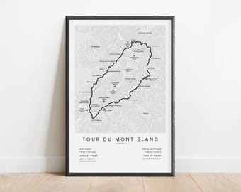 Impresión del Tour del Mont Blanc / Mapa de senderismo TMB / Arte mural del circuito del Mont Blanc / Alpes franceses Ultra TMB / Póster de la ruta de senderismo europea / Regalo de senderismo