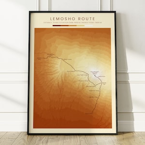 Póster del mapa topográfico de la ruta de Lemosho / Mapa de contorno de elevación de la ruta de senderismo del monte Kilimanjaro / Impresión del monte Kilimanjaro / Regalo al aire libre de Tanzania