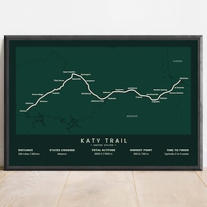Impression de la carte du sentier Katy | Affiche du sentier ferroviaire MKT | Cadeau pour le sentier de randonnée de Clinton à Machens | Carte du chemin de fer MKT | Art mural Missouri | Cadeau randonnée