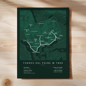 Impresión de la ruta W de Torres del Paine / Mapa de la ruta W de Patagonia / Póster de senderismo en Chile / Arte mural de trekking en la Patagonia / Decoración de pared de senderismo en Sudamérica Green - Standard