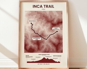 Inca Trail Map | Camino Inca Poster | Camino Inka Print | Machu Picchu Wall Art | Peru Elevation Map Print | Andes Mountain | Adventure Gift