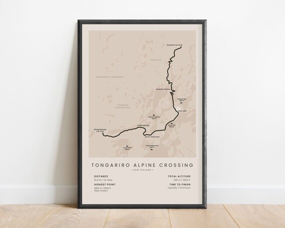 Tongariro Alpine Crossing Print | Tongariro National Park Trekking Path Map | New Zealand North Island Hiking Trail Poster | Hiking Wall Art