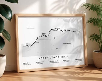 Plakat z mapą szlaku North Coast Trail | Wydruk na wyspie Vancouver | Grafika ścienna Kolumbii Brytyjskiej | Mapa podróży z plecakiem po Kanadzie | Park Prowincjonalny Cape Scott