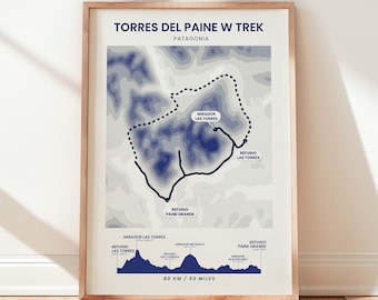 Torres Del Paine W Trek Map | Patagonia Wall Art | W Circuit Relief Map | Chile Poster | O Circuit Print | Andes Mountain Art | Hiking Girl