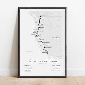Sentier panoramique national Pacific Crest Impression | Carte PCT de la randonnée | Affiche Pacific Crest Trail | Art mural sentier de ski de fond des États-Unis | Cadeau randonnée